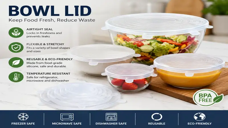 bowl lid set displayed on kitchen counter with reusable silicone covers for fresh food storage