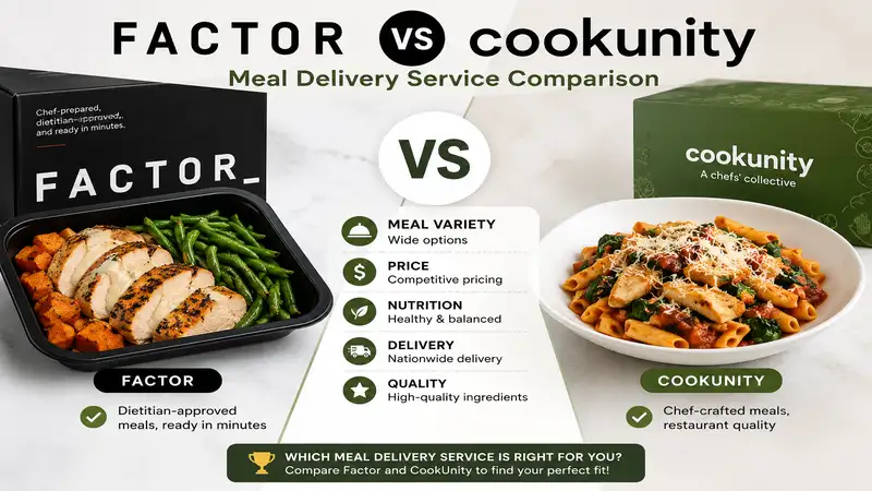 factor vs cookunity comparison of meal delivery services with key differences in meals, pricing, nutrition, and convenience