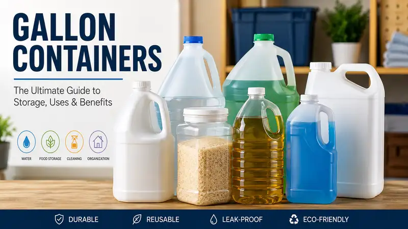 Various gallon containers used for water storage, food storage, cleaning supplies, and household organization