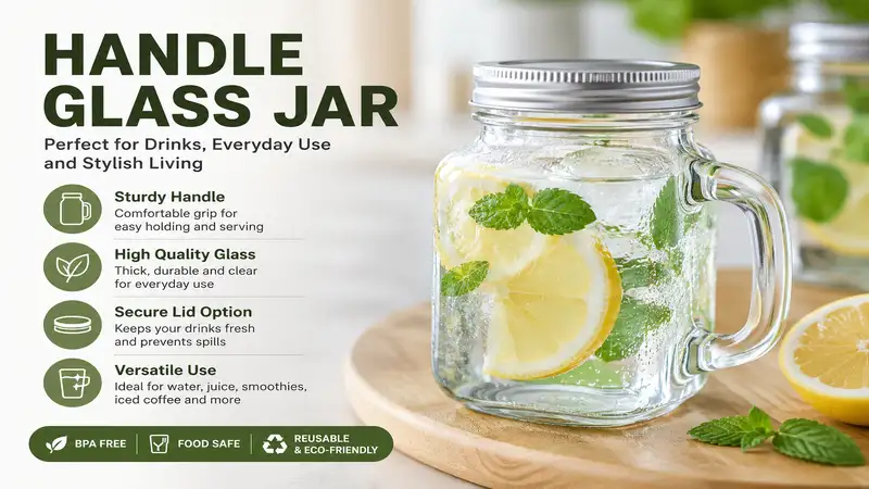 handle glass jar with sturdy grip and clear glass design for everyday beverages