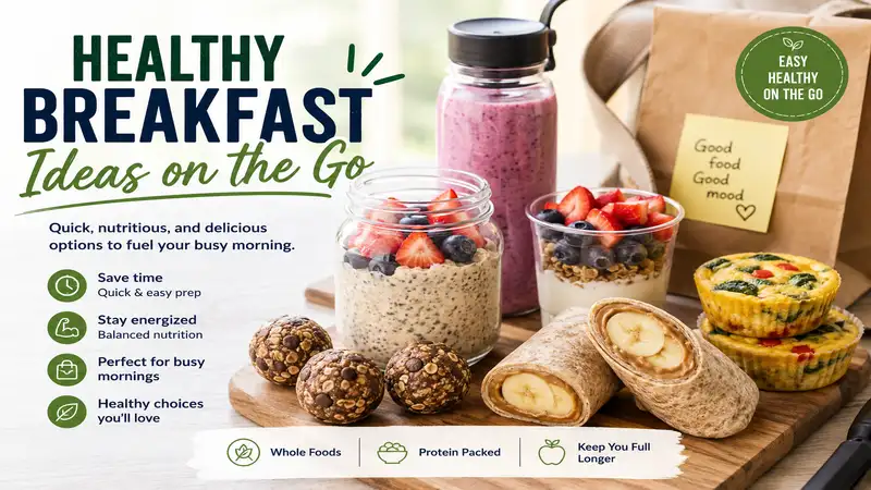 healthy breakfast ideas on the go featuring overnight oats, smoothie, yogurt, egg muffins, wraps, and portable snacks for busy mornings