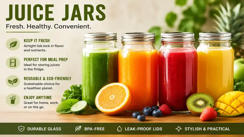 Glass juice jars filled with fresh fruit and vegetable juices for healthy daily beverage storage.
