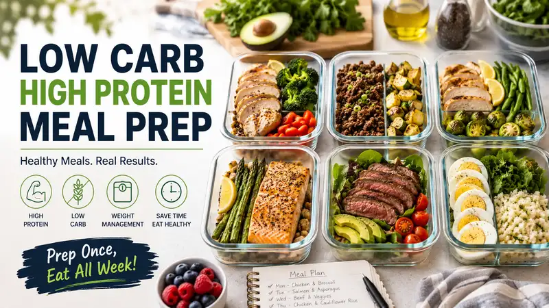 Healthy low carb high protein meal prep with chicken, salmon, steak, eggs, and fresh vegetables prepared for weekly meal planning