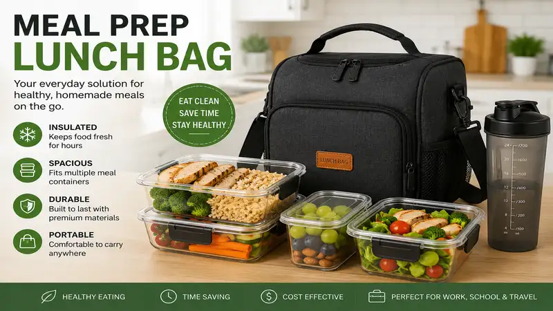 meal prep lunch bag with organized food containers for healthy meal planning