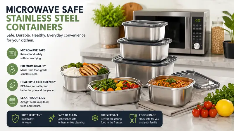 microwave safe stainless steel containers displayed on a modern kitchen countertop with secure lids and prepared meals