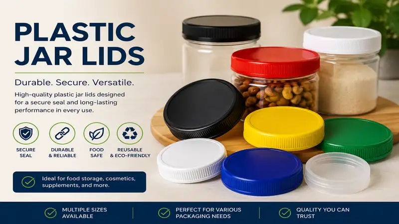 plastic jar lids displayed in multiple colors and sizes for food storage and packaging containers