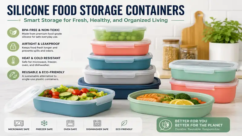 silicone food storage containers displayed in a modern kitchen with airtight lids, reusable food-grade silicone design, and eco-friendly food storage solutions