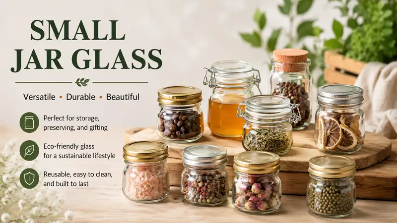 Small jar glass containers displayed in different sizes for storage and decorative use