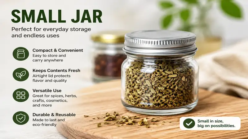 small jar for storing spices, herbs, and small household items with a secure lid