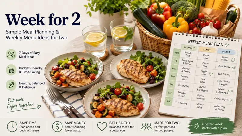 week for 2 meal planning guide with weekly menu schedule, healthy meals, and grocery organization for two people