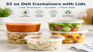 Clear 32 oz deli containers with tight-fitting lids designed to prevent leaks and keep food fresh.