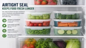 silicone food storage containers with airtight and leakproof seals keeping fruits and vegetables fresh longer inside a refrigerator