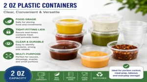 Clear 2 oz containers with tight-fitting lids for storing condiments, dressings, and snacks