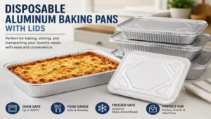 disposable aluminum baking pans with lids prepared for convenient baking, meal prep, and food transport