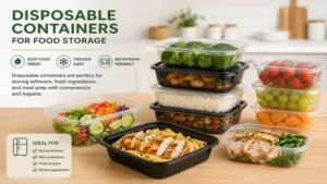 Disposable containers used for storing fresh food, leftovers, and meal preparation in a kitchen setting
