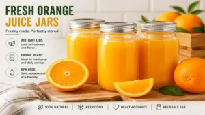 Fresh orange juice jars with airtight lids for convenient refrigerator storage.