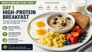 high-protein breakfast in a muscle gain diet plan 7 days featuring eggs oats fruit and protein-rich foods