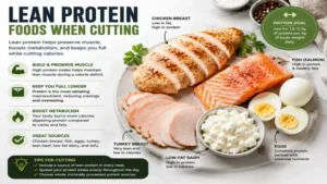 Lean protein foods when cutting including chicken breast, eggs, fish, and low-fat dairy for muscle preservation