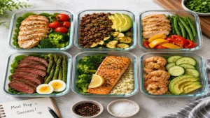 Organized low carb high protein meal prep containers filled with lean protein, vegetables, and healthy ingredients