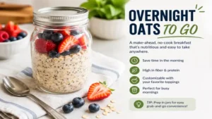 healthy breakfast ideas on the go with overnight oats in a mason jar topped with fresh berries and chia seeds