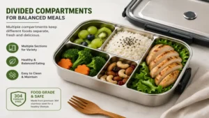 stainless steel bento containers featuring divided compartments for balanced lunches and snacks