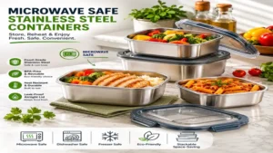 microwave safe stainless steel containers used for storing fresh meals with vegetables and healthy food in a kitchen