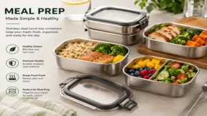 stainless steel lunch box containers filled with healthy meal prep meals and fresh ingredients