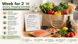 week for 2 grocery shopping essentials featuring fresh vegetables, proteins, grains, and a smart shopping checklist