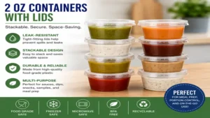 Stackable 2 oz containers with leak-resistant lids for meal prep and food packaging