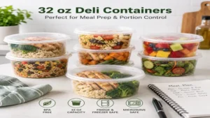 Healthy meal prep portions organized in 32 oz deli containers for easy weekly planning and storage.