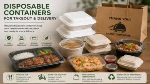 Disposable containers filled with takeout meals ready for delivery and restaurant packaging services