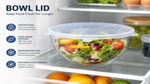 Glass salad bowl with transparent bowl lid stored in refrigerator to keep food fresh longer