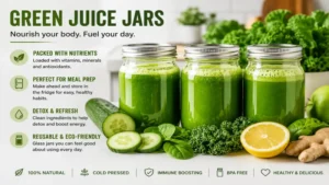 Green juice jars prepared with leafy vegetables for healthy meal prep and nutrition.