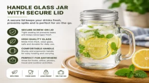 handle glass jar with secure lid for leak prevention and beverage freshness