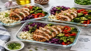 Colorful low carb high protein meal prep chicken bowls with cauliflower rice, broccoli, and fresh vegetables