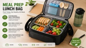 Open meal prep lunch bag packed with multiple food containers and snacks