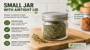 small jar with an airtight lid that helps keep contents fresh and protected