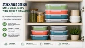 silicone food storage containers arranged in a stackable design inside a kitchen cabinet for efficient space-saving storage