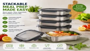 Stackable microwave safe stainless steel containers designed for meal prep, food storage, and kitchen organization