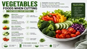 Fresh vegetables as foods when cutting including broccoli, spinach, cucumbers, and peppers for fat loss support