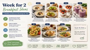 week for 2 breakfast ideas showcasing healthy morning meals including oatmeal, smoothies, yogurt parfaits, and avocado toast