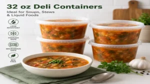 Homemade soups and stews stored safely in 32 oz deli containers for convenient reheating and serving.