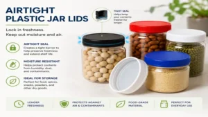 airtight plastic jar lids helping keep food fresh by blocking moisture and air