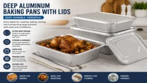 deep aluminum baking pans with lids designed for roasting, baking casseroles, and storing large portions
