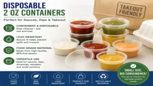 Disposable 2 oz containers used for sauces, dips, and takeout food portions