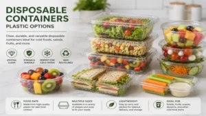 Disposable containers made from clear plastic for packaging salads, fruits, and cold food items