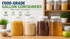 Food-safe gallon containers used for storing grains, pasta, rice, beans, and beverages