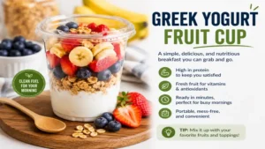 healthy breakfast ideas on the go with a Greek yogurt fruit cup topped with granola and fresh berries