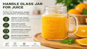 handle glass jar for juice filled with fresh orange juice for healthy refreshment