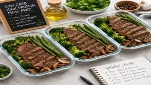Easy low carb high protein meal prep featuring lean beef, broccoli, green beans, and mushrooms